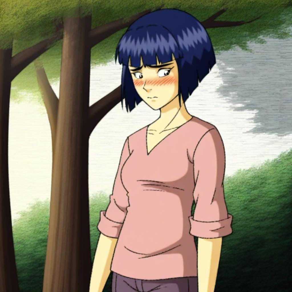 score_9, solo, tc_witch, blue hair, short hair, bobcut, shirt, pants, blush, shy, medium breasts, tree, sunlight, shadows, natural lighting