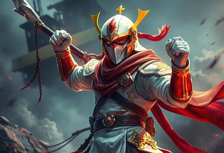 Depict an epic, full-body view of a Crimson Shadow Armor Ninja, adorned with pristine white armor accented in gold and red. The Ninja, holding a Kunai with Chain in one hand and raising the other in triumph, wears a yellow helmet with a red visor. Set against a Dark Tuner Doom Submarine background, the Ninja's dynamic pose and contrasting colors create a captivating visual. Enhance the image with sharp lines, brush strokes, stunning colors, and vivid emotions. Highlight the Ninja's intricate armor details, handcrafted with precision, and showcase harmonious, multi-colored lighting. Create a 4K or 8K artwork, capturing a well-timed moment of joyful impact and powerful message. Submit to CGSociety and Artstation for trending consideration.