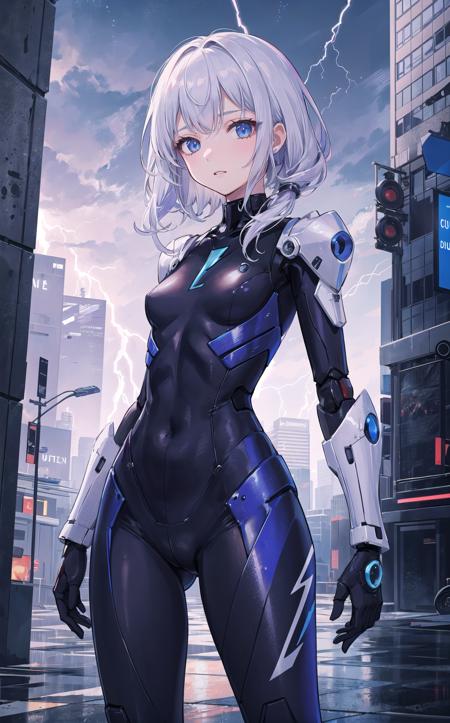 ((masterpiece:1.4, best quality))+, (ultra detailed)+,
1 girl,cyberpunk city,flat chest,wavy hair,mecha clothes,(robot girl),cool movement,silver bodysuit,colorful background,rainy days,(lightning effect),silver dragon armour,(cold face),cowboy shot,
<lora:torinoAquaStyleLora_offset:0.3>