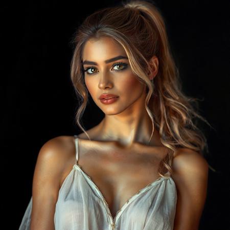 Young Aishwarya Rai with blonde hair in thick ponytail updo posing in a ((sheer)) linen dress as a model, in the style of Sean Archer photography, volumetric lighting, hdr, highly detailed, flushed skin.