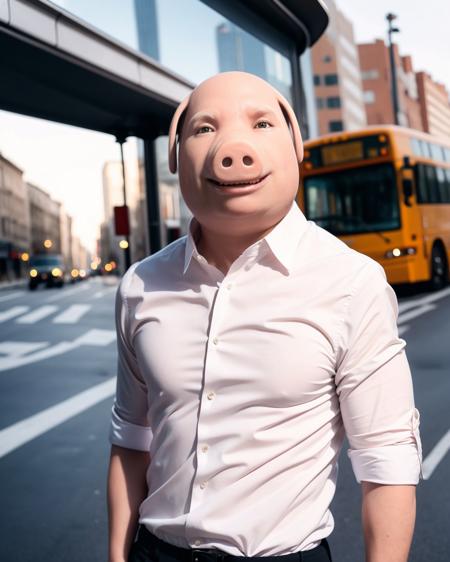 portrait of an anthropomorphic pig john pork wearing a white shirt in front of a bus <lora:JohnPork:0.8>