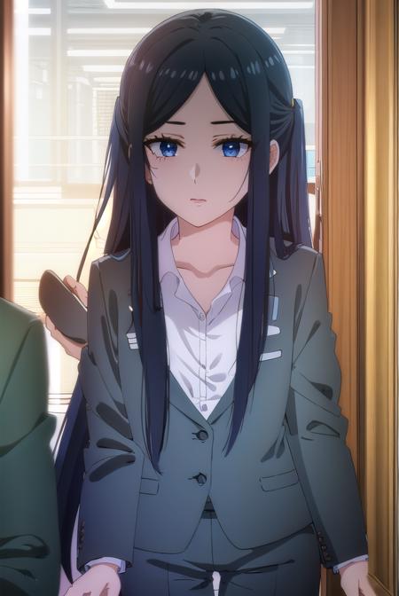 misakigundou, <lora:misaki gundou s1-lora-nochekaiser:1>,
misaki gundou, long hair, blue eyes, black hair, glasses, mole, mole under eye, lips, mature female, (parted bangs:1.5),
BREAK formal, suit, office lady,
BREAK indoors,
BREAK looking at viewer, (cowboy shot:1.5),
BREAK <lyco:GoodHands-beta2:1>, (masterpiece:1.2), best quality, high resolution, unity 8k wallpaper, (illustration:0.8), (beautiful detailed eyes:1.6), extremely detailed face, perfect lighting, extremely detailed CG, (perfect hands, perfect anatomy),