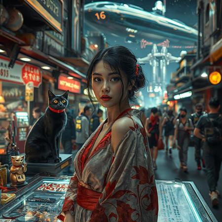 Setting is a futuristic cyberpunk street market at night, the market is comprised of street vendors selling robot parts, food, weapons, and robots. People wearing futuristic cyberpunk clothing are walking through the street market shopping and eating, A sleek black cat with red collar sits on a cluttered metal riveted desk with transparent top and micro-LED lighted computer components visible inside, On the desk is an ebony and gold maneki neko statue and futuristic art deco lighting, (((a beautiful woman, 24 years old, is standing in the foreground FACING THE VIEWER, she has an expression of interested curiosity)))))), the sleek black cat with red collar is sitting on the desk and watching the people walking by in the busy street market, the woman is dressed in futuristic cyberpunk Japanese style yukata with a plunging neck line alluring but Japanese classic aesthetic. An enormous art deco inspired starship with futuristic lighting and an enormous space station are visible in the background among the stars, The woman's hair is elegantly tied up with a ribbon. Artistic cyberpunk, dynamic perspective, (((overall architectural aesthetic is Art Deco Cyberpunk))).  Epic image that elicits a feeling of wonder and awe,