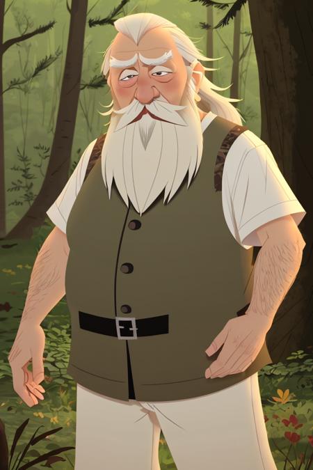 <lora:TangledAdventure:0.9> old man with white hair and beard, outdoors, forest