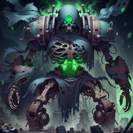 detailed eyes, <lora:WorldofSigmarnighthaunts:1>, worldofsignighthaunts, skeletal, tattered rags, green glowing aura, towering, hulking, battle mecha, volumetric lighting, skull face,