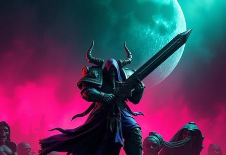 "Create a highly detailed, lifelike image of an epic Chaos Marine with a sword, inspired by the end times and the unholy abomination known as the Antipodeans. Utilize a dramatic pink and green lighting, with a giant black moon looming in the background. The Marine should be adorned in dark purple robes, fitting for an Instagram influencer. Ensure the image is HD quality and follows the golden ratio for optimal aesthetics. Perfect for a store website or display on ArtStation and CG Society."