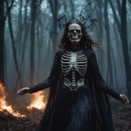 The Skeleton young Witch, flying, epoxy_skull, amidst a black swirling vortex in a dark, mystical forest. A beautiful woman with long hair stands, her figure draped in skeletal armor and an ethereal dress, engulfed by the swirling darkness. The scene is intensely cinematic, dominated by deep shadows pierced by subtle hints of light, crafting a dramatic interplay of darkness and luminescence. Wind, intensified to 1.2, weaves through the trees, enhancing her enigmatic silhouette, now surrounded by black smoke and the eye of a storm. Close-up on her sad expression, amidst sparkling embers and a billowing long piece of cloth, with a faint (intensity:0.5) hint of a Skeleton mask,