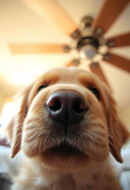 A golden retriever puppy's nose pressed against the camera lens, its soft fur filling the frame. The background shows a blurred ceiling fan slowly rotating, illuminated by warm morning light. The image evokes the feeling of waking up to a furry friend's morning kisses.
