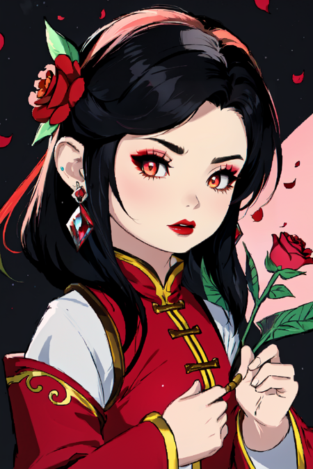 LalaTater,, cel shading, Anime style,  chibi, 1girl, solo, looking at viewer, black hair, hair ornament, long sleeves, horror, poltergeist vibes, neon colors, muilticolored hair, two-tone hair, dress, large breasts, holding, brown eyes, jewelry, upper body, flower, earrings, hair flower, wide sleeves, necklace, petals, makeup, rose, chinese clothes, lipstick, black background, red flower, gem, holding flower, red lips<lora:LalaTater_LoRa:0.75>