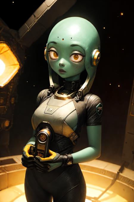 skinny alien girl, ((green skin)), (grey alien), ((big eyes)), big nose, black sclera, ((in space)), UFO in the background, black jumpsuit, holding a laser gun, black eyes, subsurface scattering, intricate (high detail), ((cute)), (detailed skin:1.1), shiny skin, photorealism, volumetric lighting, golden dust
[anime|realistic], 3d, detailed hair, intricate detail, cinematic shot, (detailed realistic background:1.3), realistic lighting, [cinematic lighting|sunset lighting]