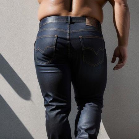 1man, musclebear, (((oil painting))) bubble butt, Close-up,glimpse,obese but muscular (((man))),showcasing his gluteus, wearing tight red jeans, with extreme definition and texture,detailed creases,shadows and highlights, shapely and well-defined muscles,firm and toned, emphasizing the strength and power,highly detailed stitching,smooth and polished fabric, contrast with well-defined denim texture,semi-glossy finish on the jeans, highlighting the contours and curves,dynamic lighting, casting shadows and creating depth,vivid colors, with a focus on the dark and intense black of the jeans,complementary tones of shadow and light, adding dimension and realism,studio setting, neutral background to draw attention to the subject,photorealistic style, with attention to minute details,sharp focus, capturing the smallest of details,physically-based rendering, realistic portrayal of materials and surfaces,professional photography, producing a high-quality and visually stunning image.
