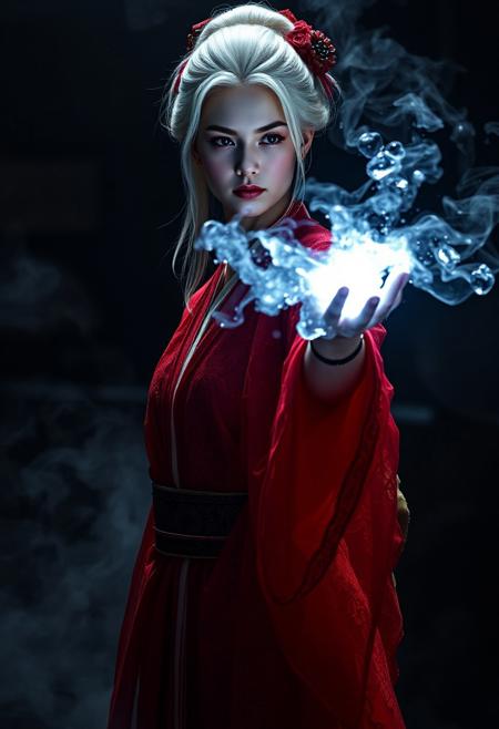 An albino geisha, stands in a tenebrous, smoke-filled environment. Her countenance, framed by white hair, is one of unwavering resolve, illuminated by the effulgent ice mist she wields. She wears a red lace transparent robe, The image, meticulously composed as a medium shot with a slightly low angle, emphasizes her indomitable spirit and mastery over the elements. The chiaroscuro lighting technique accentuates the ethereal nature of her power, while the meticulously rendered background hints at a world engulfed in conflict and magic.  Cinematic hyperrealism, tenebrism, volumetric lighting, high-contrast, deep shadows, heightened gamma, painterly rendering.