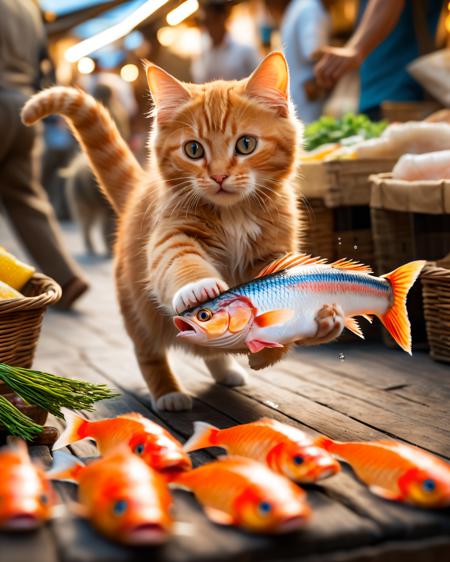 a photo of a cat holding fish with paws, running away in a market, summer, uhd, 8k, intense lighting, award winning masterpiece, extremely detailed, detailed background, cinematic, complex and multidimensional lighting