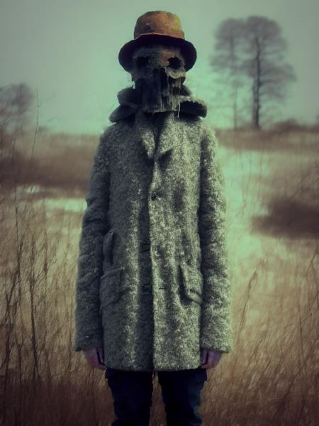 <lora:ChristopherRyanMcKenney:1>ornate with dried flowers scarecrow wearing a horror mask in the Middle of a icy and snowy forest, 16mm lens, wide angle, stop motion, claymation, cinematic, tilt-shift, kodachrome, analog, street photography, slender figure, horror movie, scary mood, neon rim lighting, uneasy fog