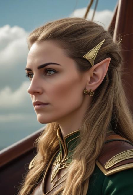 "Close-up portrait of an elegant Elven airship captain, her pointed ears adorned with brass earpieces. Wind-tousled hair frames her determined expression as she gazes off-camera. The brass and wood of the ship's helm is visible in the lower third of the image, with clouds and distant airships out of focus behind her."