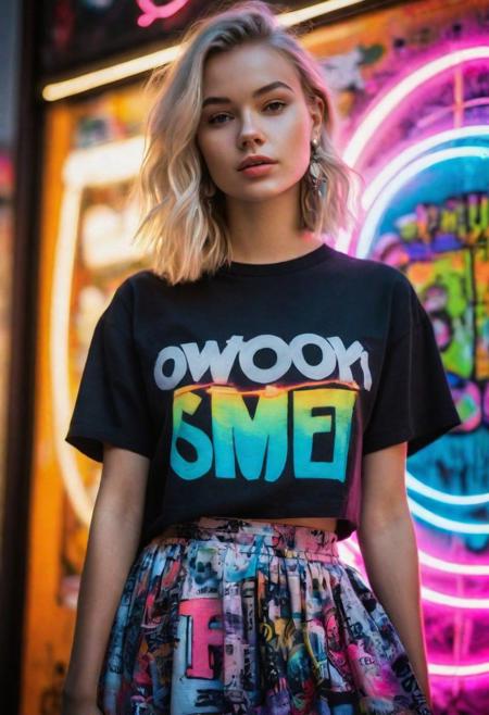 woman wearing graffiti print oversized tee, neon circle skirt, 80s style neon-lit signs, Vibrant signs advertising various shops and attractions,