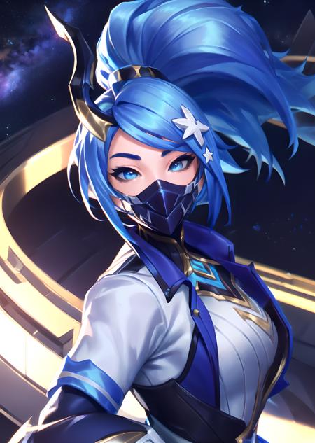 Akali drx, 1girl, solo, long hair, blue eyes, hair ornament, blue hair, jacket, upper body, ponytail, shiny hair, star hair ornament, space, cowboy shot, looking at viewer, (masterpiece:1.2, best quality), <lora:Akali_DRX_1:0.8>, short sleeves, black gloves, holding weapon, from side, ((mouth mask)), single horn