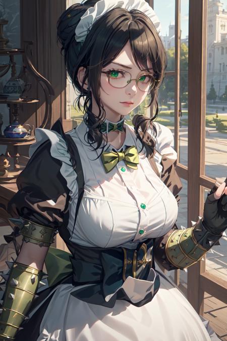 highres, sharp focus, pixiv masterpiece, ((intricate details)), highly detailed, upper body, standing, yuri alpha, 1girl, black hair, (blue bowtie:1.3), (green wristband, green gauntlets, spikes:1.1), glasses, green eyes, maid, single hair bun, dress, choker, maid apron, outdoors <lora:Yuri Alpha v1_1:0.7>