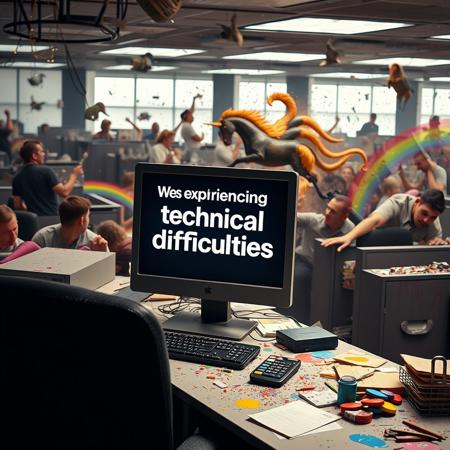 an office, a computer monitor that says "We're experiencing technical difficulties", chaos in the background, mayhem, insanity, discord, rainbows, paint, cubicles, stuntmen, wild animals, debris, unicorn