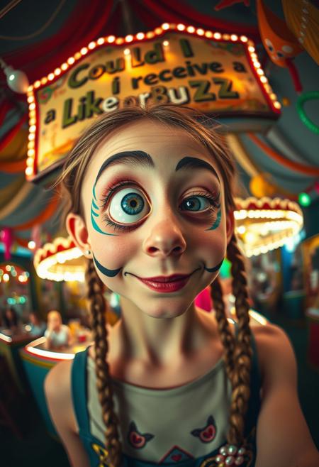 “A whimsical and surreal portrait of a girl with a distorted, comical face, featuring one eye larger than the other, vibrant face paint, and two playful braids. Captured using a 12mm fisheye cinematic prime lens for an exaggerated perspective. The setting is a lively carnival with colorful lights, whimsical decorations, and a dreamy atmosphere. A rotten, old light banner in the background displays the text: ‘Could I receive a Like or Buzz?’ in flickering, uneven letters. The colors and contrasts are enhanced for a surreal effect, inspired by a mix of playful and artistic styles, blending humor and visual artistry.”
