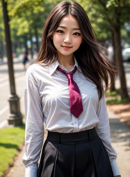 (masterpiece, best quality), absurdres, (photorealistic:1.4), RAW photo of extremely cute japanese girl, (ultra detailed, ultra realistic, hyper realistic:1.2), 8K, ultra highres, award-winning photo, the cutest girl in the world, BREAK long hair, straight hair , detailed face, 1girl, solo, slim, (short body:1.2), dynamic pose, BREAK (detailed eyes), bokeh, sharp focus, (high detailed skin, detailed skin texture:1.2), <lyco:more_details:0.9>, (depth of field), photo by EOS 5D mark4, top photography, Top-notch magazine shot, blouse, skirt, necktie, smile