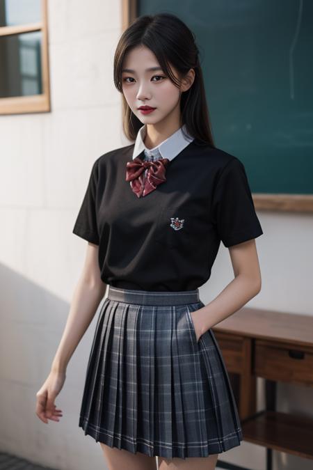 ltra-detailed,highly detailed,best quality,masterpiece,illustration,realistic,photorealistic,
xiaofu, 1girl, solo, school uniform,collared shirt, pleated skirt, bowtie, cowboy shot, 
 <lora:xiaofu_v1_04:0.7>