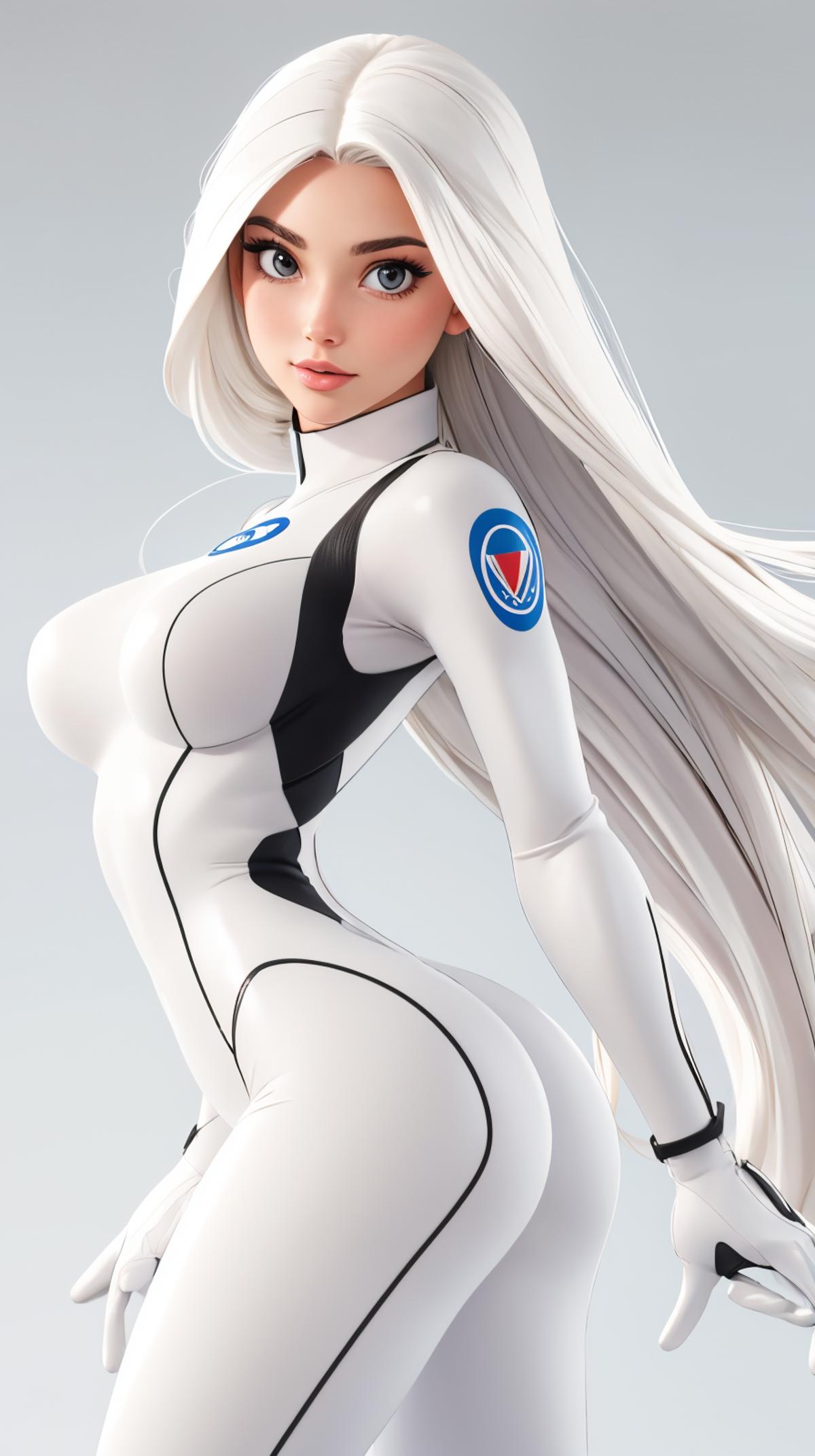 A 3D rendered female character in a white and black outfit with her hair blowing in the wind.