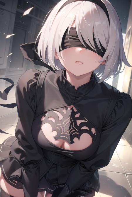 2b, (black blindfold:1.5), black hairband, blindfold, hairband, short hair, white hair, black skirt, black thighhighs, boots, cleavage cutout, clothing cutout, hairband, high heels, long sleeves, robot, side slit, skirt, thigh boots, thighhighs,