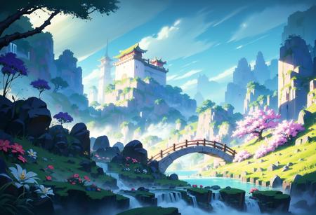 Conceptual art, hand-drawn drawings, East Asian architecture, scenography, scenery, no_humans, outdoors, cloud, tree, sky, mountain, waterfall, day, water, landscape, flower, blue_sky, river, bridge, fantasy, nature, building, grass, castle, cloudy_sky<lora:Scenography:1>