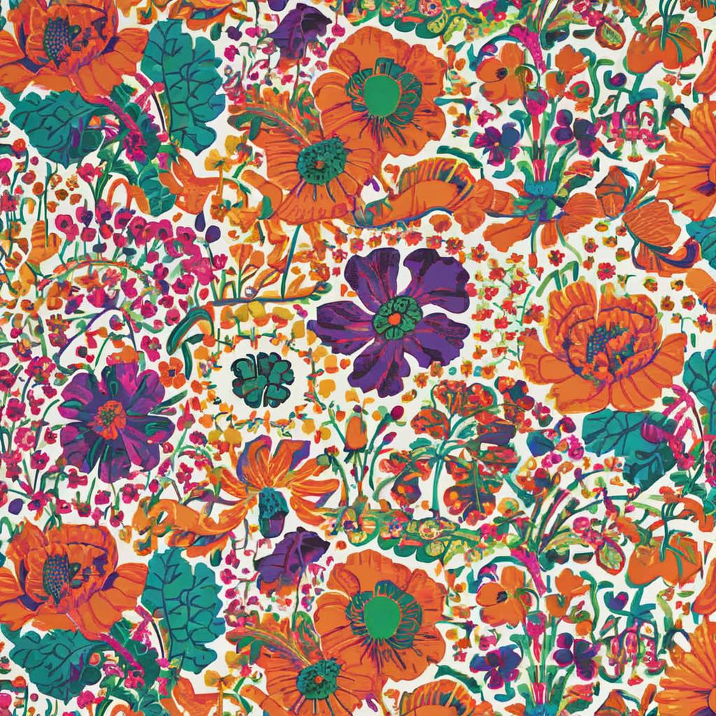 Poppy design. The design is vibrant design, highly dense. A rich array of bold, colorful floral and leaf motifs. The flowers are large and elaborate, and abstract. There are a range of bright fluoro colours including orange, purple, pink.