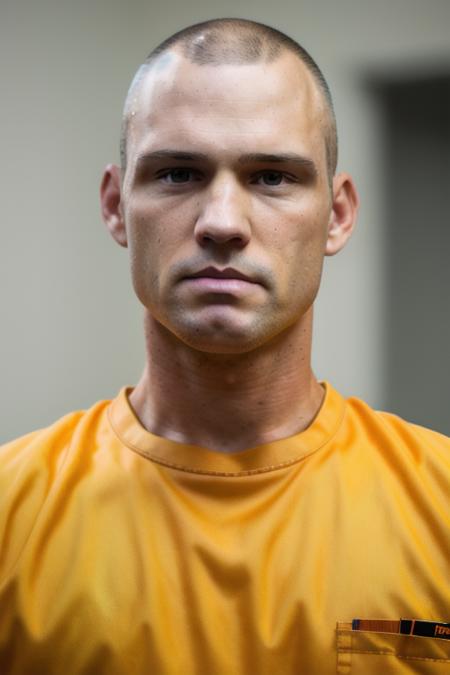 a man <lora:jeffreyDonovan:1>, shaved head, orange prison uniform, upper body, close up, RAW, 8K, UHD, highly detailed face, candid, amateur, [smile:0.5]