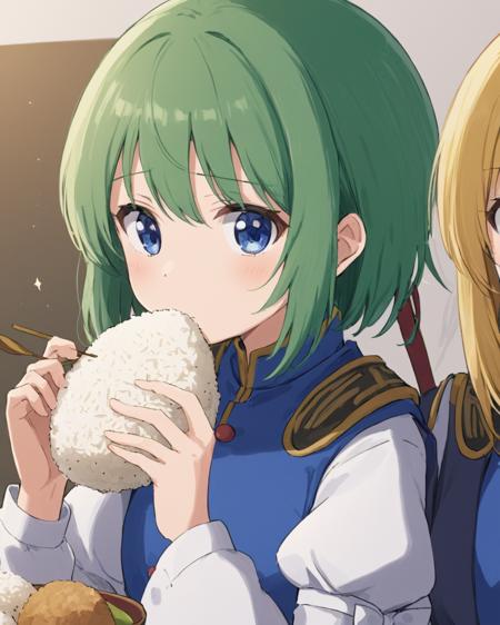 shiki eiki,onigiri, long_sleeves, upper_body, eating, food_on_face, epaulettes, blue_vest, arrow_\(symbol\), 2girls, closed_mouth, rice, holding_food, solo_focus, puffy_sleeves, simple_background, no_headwear, shirt
<lora:shiki_eiki_image6175_2023-12-14-000007:1>,star-shaped_pupils,symbol-shaped_pupils,. gorgeous,key visual, vibrant, studio anime,award-winning, professional, highly detailed,high budget, cinemascope