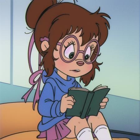 1980s (style), 1girl, brown hair, chipette, furry, glasses, hair bun, jeanette miller, sitting, reading, pink ribbon, pleated skirt, ponytail, round eyewear, single hair bun, skirt, socks, solo