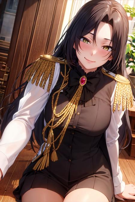 masterpiece, (best quality), 1woman,1girl ,dominique_de_sade,  black hair, long hair, yellow eyes,epaulettes,uniform,parted bangs,sexy woman,smile, bow, long sleeves,closed clothes, embarrassed,blush, ((date:1.2)), vibrant colors ,natural lighting  ,RTX,  , beautiful, (detailed face:1.2), showcase, (perfect eyes:1.1) ,(photorealistic:1.1), 8k uhd,  looking at viewer, indoors,  simple backround