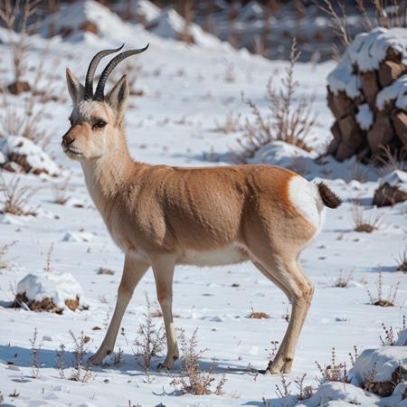 no humans, tibetan gazelle, horns, realistic, outdoors,  snow, rock,  grass,  <lora:tibetan_gazelle_v1:0.67>