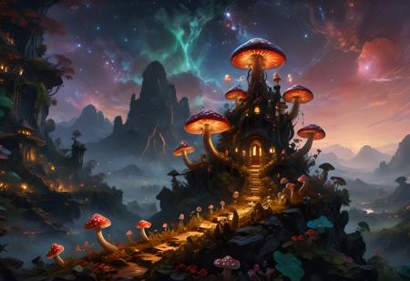 high fantasy,(game morrowind theme:1.5),telvanni tower atop mountain setting,elder scrolls,best quality,hyper detailed,intricate details,wallpaper,8k,masterpiece,landscape of warped mage mushroom tower amidst the red mountains of morrowind,(bio-luminescent fungi landscape:1.3),(towers sculpted from giant flat domed mushrooms:1.4),(mult -domed towers:1.2),amanita muscaria mushrooms,(amanita phalloides death cap mushroom:1.1),lamp lit tower,(gigantic mushroom flat capped towers:1.4),silt striders,(volcanic red mountain ranges:1.2),imposing,(twin moon alien sky:1.1),night,(lava streams:1.2),(volcanic wasteland:1.4),(long eldritch tentacles on towers:1.3),(bio-luminescent flowers:1.1),(bio-luminescent mushrooms:1.1),violet lights,blue stars,(gray ashlands:1.1),lora:juggercinexl2:1>,<lora:detailed_notrigger:1>,(ashlands:1.1),<lora:more_details:1>,<lora:xl-shanbailing-1003fire:1>,<lora:SDXLFaeTastic2400:1>,<lora:LaxpeintXL-2.0:0.7>,