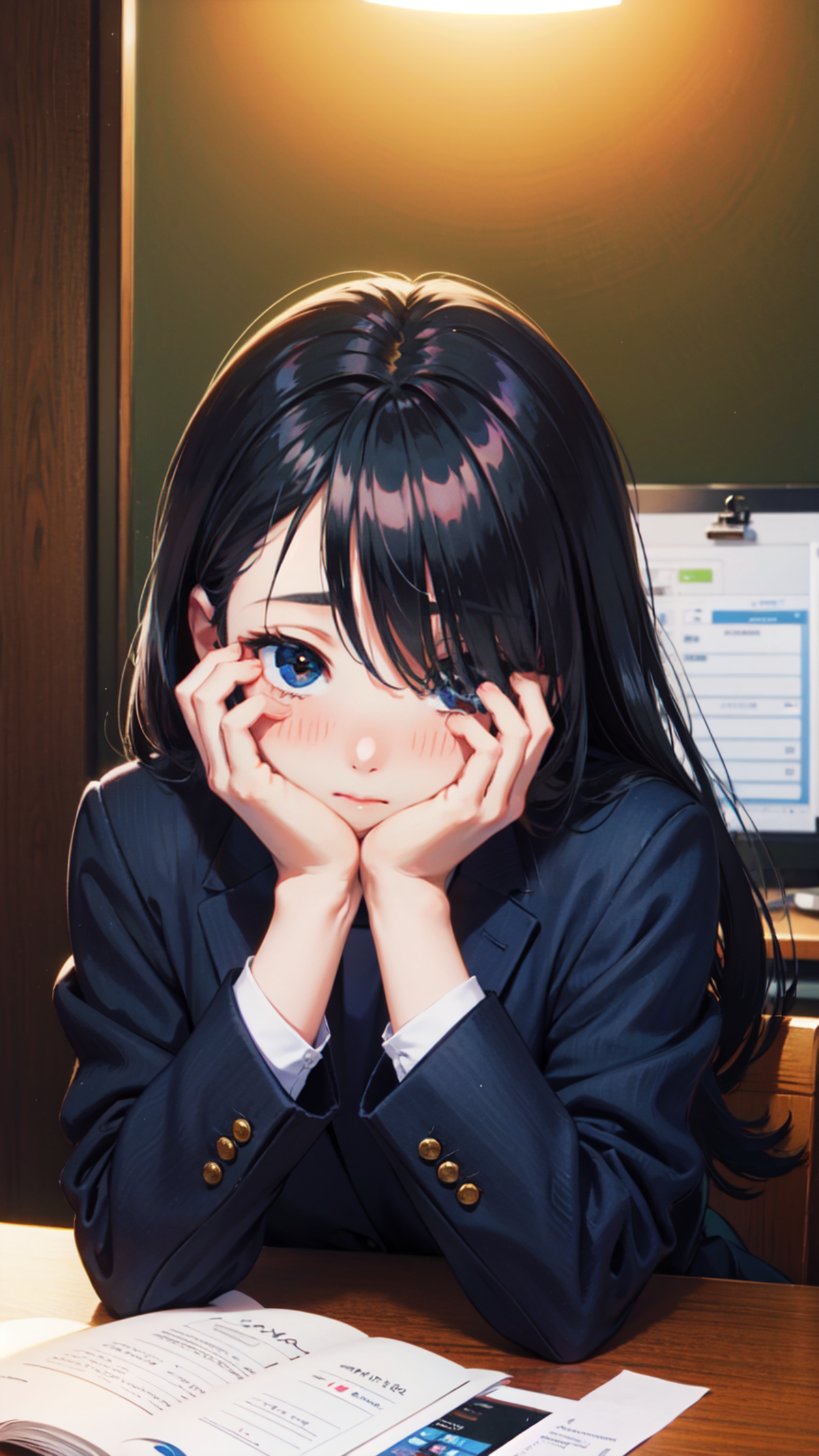 1girl, office lady, black hair, long hair, hair over one eye, hands on own face, blush, shy, messy hair, <lora:InstantPhot...