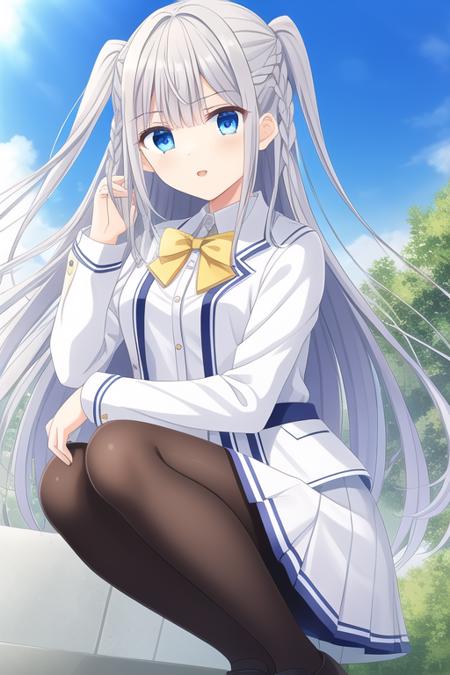 best quality ,masterpiece, 1girl,sakuragi mizuha,sliver hair,long hair,two side up,side braid,blue eyes,school uniform,white shirt,white skirt,miniskirt,yellow bowtie,black pantyhose,<lora:dc5:0.4>