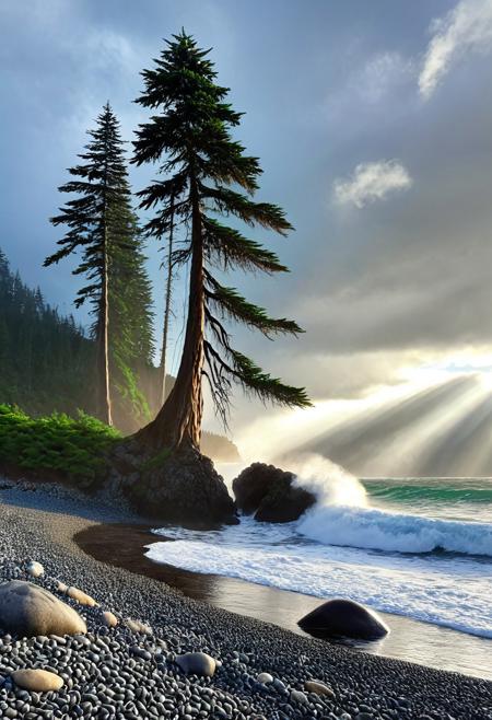 a photograph of a beach on the Pacific northwest coast, rocky pebble beach, a large looming evergreen cedar Forrest looming, the ocean is vibrant and crashing, deep vivid blues and greens, the sky is grey and clouds are heavy the sun is radiating however cutting through a break in the thick looming storm clouds, epic, realism, photo-realism, highest quailty, highest detail, professional, landscape, nature