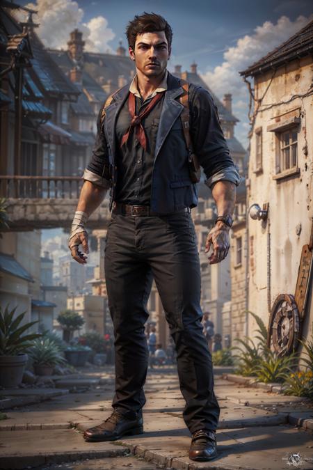 (masterpiece, best quality:1.2),   <lora:booker_dewitt-20:0.7>, bookerBS_soul3142, solo, shirt, brown hair, 1boy, jacket, full body, male focus, belt, pants, vest, sleeves rolled up, realistic, arm hair