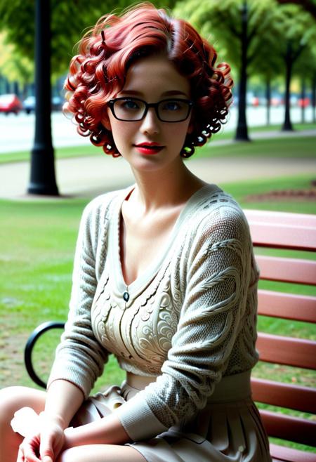 beautiful redheaded woman, short curly hair, pixie cut, cable knit sweater, glasses, long skirt, sitting on a park bench