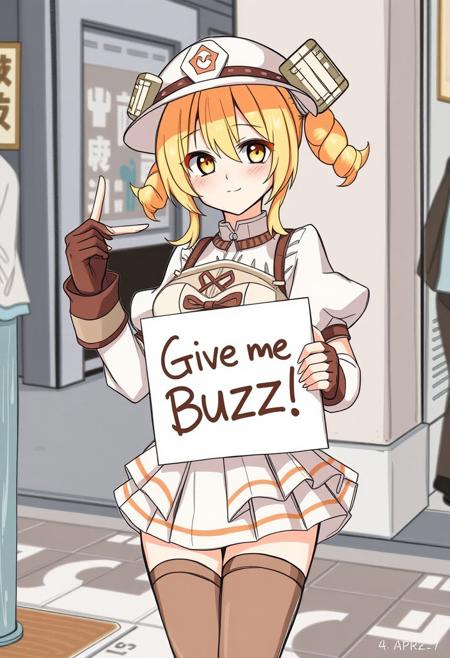 score_4,score_5,score_6,score_7_up,score_8_up,score_9 ((masterpiece,best quality,ultra detailed,highres,HD,4k:1.2)), 
Araki,sketch,
mami tomoe, blonde hair, drill hair, twin drills, yellow eyes,large breasts,
brown gloves, corset, detached sleeves, fingerless gloves, gloves, hat, juliet sleeves, long sleeves, magical girl, puffy sleeves, skirt, striped, striped thighhighs, thighhighs, thighs, vertical stripes, vertical-striped thighhighs, 
outdoors,
(("Give me Buzz.",Beggars Borad,Holding a sign, holding a sign that says, "Give me Buzz.")) wink,happy,blush, looking at viewer, smile,,
