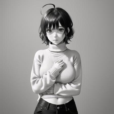 1girl, ahoge, bangs, blunt bangs, cowboy shot, greyscale, hand on own chest, looking at viewer, monochrome, pants, ribbed sweater, short hair, solo, sweater, turtleneck, turtleneck sweater, wavy hair