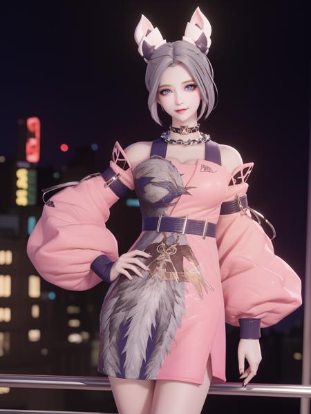 WZRYgongsunliWXXSG, 1girl, solo, looking at viewer,blue eyes, short hair, dress, grey hair, breasts,puffy sleeves,choker,chain necklace, cityscape, night,makeup, eyelashes,  <lora:WZRYgongsunliWXXSG:0.75>,light smile, hand on hip,small breasts,