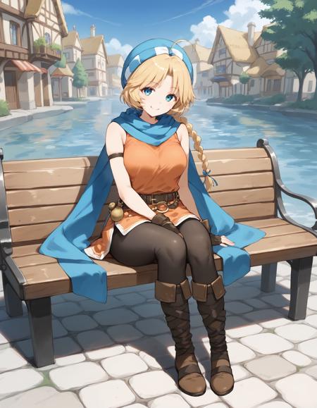 patty feh,hat,scarf,armband,fingerless gloves,orange dress,belt,belt pouch,pantyhose,thigh strap,boots