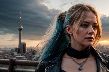 long shot scenic professional photograph of a (woman) like sarah connor from the terminator that resembles [amanda seyfried] in a terminator demolished post apocalyptic cyberpunk city, blue hair, in a pony tail, Photorealistic, Hyperrealistic, Hyperdetailed, analog style, detailed skin, matte skin, soft lighting, subsurface scattering, realistic, heavy shadow, masterpiece, best quality, ultra realistic, 8k, golden ratio, Intricate, High Detail, film photography, soft focus, perfect viewpoint, highly detailed, wide-angle lens, hyper realistic, with dramatic sky, polarizing filter, natural lighting, vivid colors, everything in sharp focus, HDR, UHD, 64K