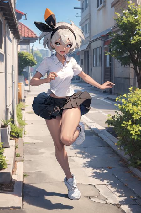 (masterpiece,best quality, detailed), 1girl, solo, outdoors, street, running, smile, open mouth, looking at viewer, full body,
bea \(pokemon\), bow hairband, school uniform, white shirt, black skirt, sneakers, <lora:SaitouV1-000013:1>