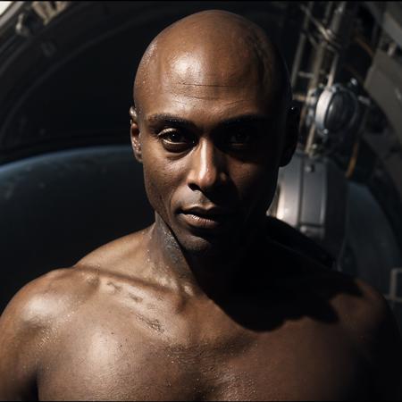 photo of Lance Reddick in space suit at a spaceship deck, <lora:LanceReddick-01:0.8> action, man, dynamic pose, bald, (masterpiece:1.2),<lora:add_detail:0.5> <lora:allymech:0.8>, epiCRealism