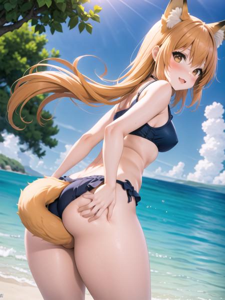  a fox girl, covered crotch with own large tail, staddle on own curled tail