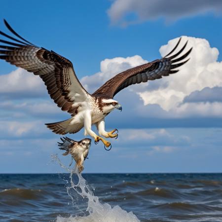 osprey eagle in flight rushing into the sea with a fish in its paws, blue sky background with cumulo-nimbus cloud, photography very realist